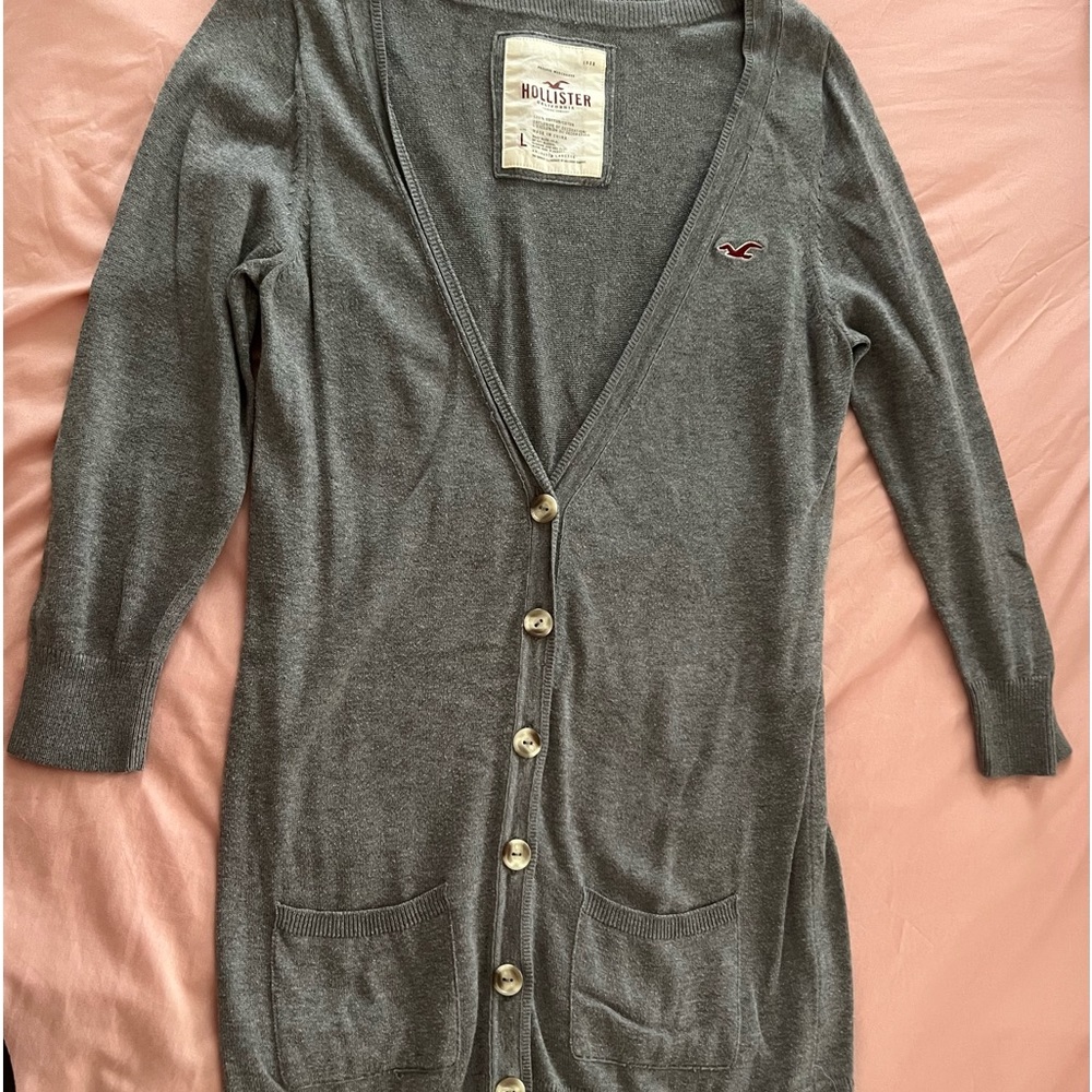 Gray Hollister Thigh Length Sweater Cardigan, Size Large